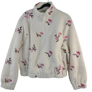 Lucky Brand Women's Floral Embroidered Sherpa Half-Zip Pullover Sweater Size L